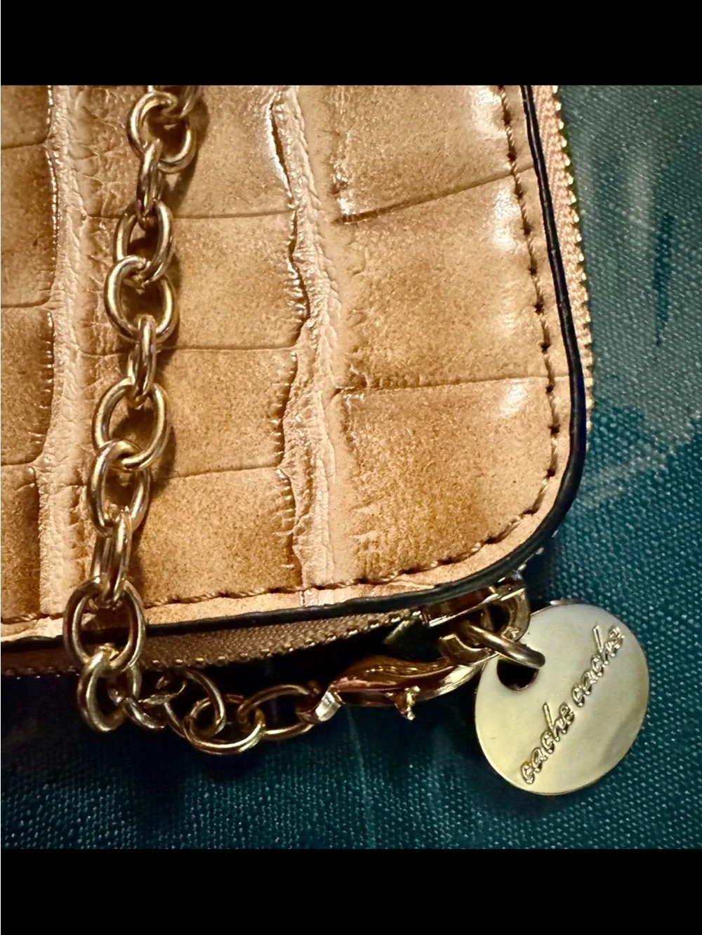 Gold Croc-Embossed Wristlet Chain Pouch - Gold